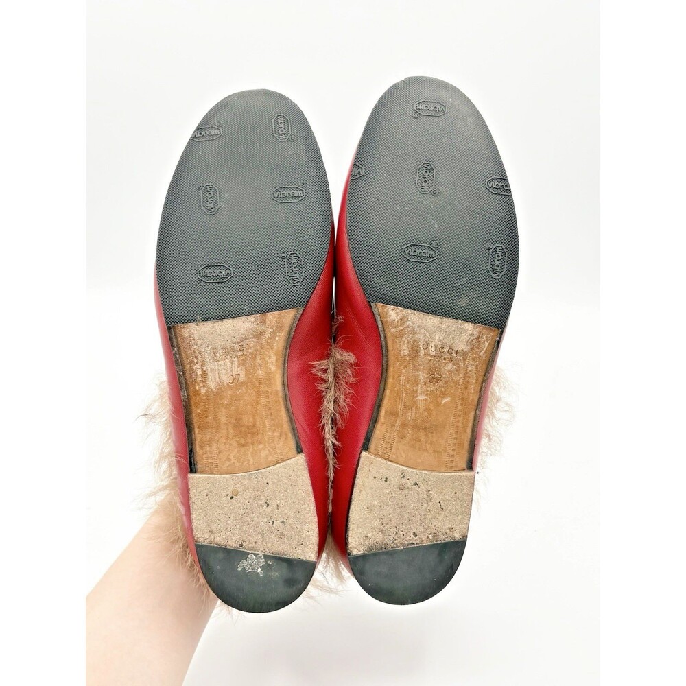 Gucci Red Leather Jordaan Loafers w/ Fur Shearling Trim & Gold Horse-bit EU 37 - Picture 9 of 10